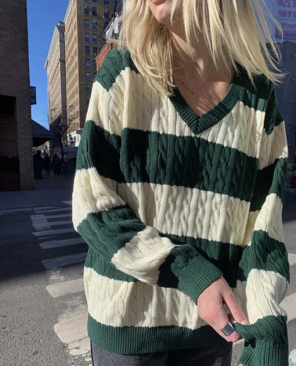 Brandy Melville Green/White Nikki Stripe Cable Knit Y2K Sweater XL A010827